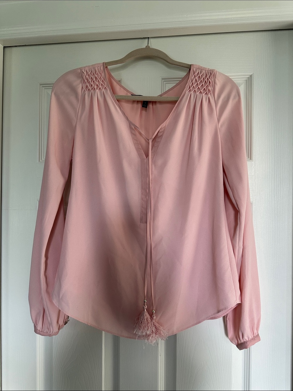 White House Black Market Blush Pink Tassel V-Neck Blouse